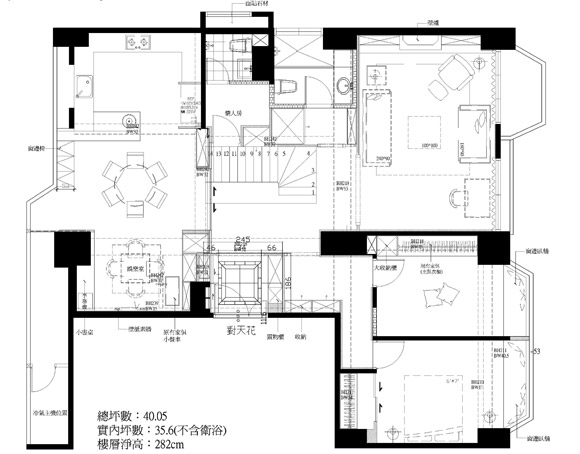 复式公寓平面设计图房间数据位置:台北 内湖面积:264平方米成员:父母