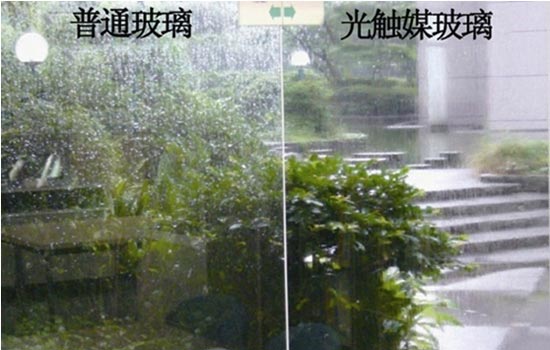 图为普通玻璃与光触媒玻