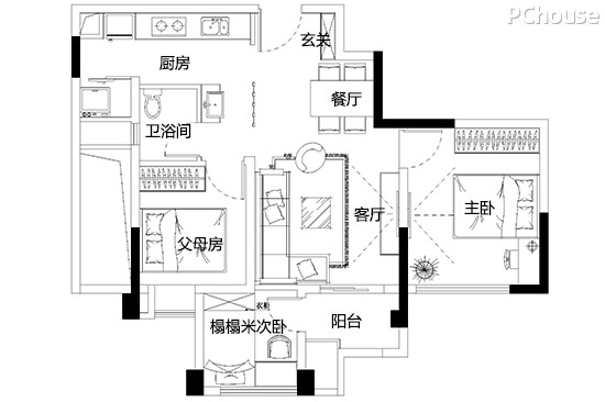 蓝白混搭清爽居 三代同堂70平现代北欧温馨家