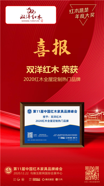 雙洋紅木榮獲“2020紅木全屋定制熱門品牌”