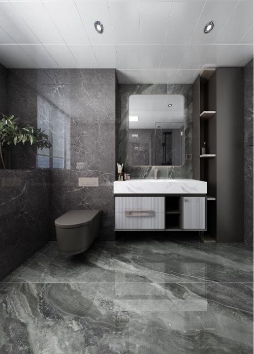 洗手间采用了深灰色大理石瓷砖,壁挂式马桶及浴室柜大大避免卫浴