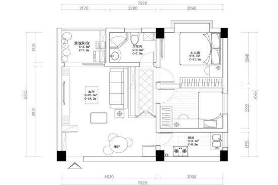 20万65平二居室设计 地中海美式混搭风